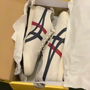Onitsuka Tiger by Asics White and Blue Sneakers with Bold Stripe Design